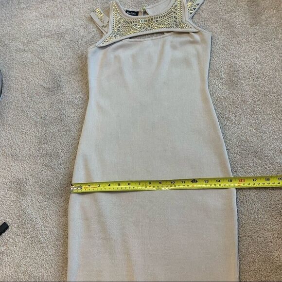BEBE tan gold embellished bandage dress Sz medium - Picture 9 of 10